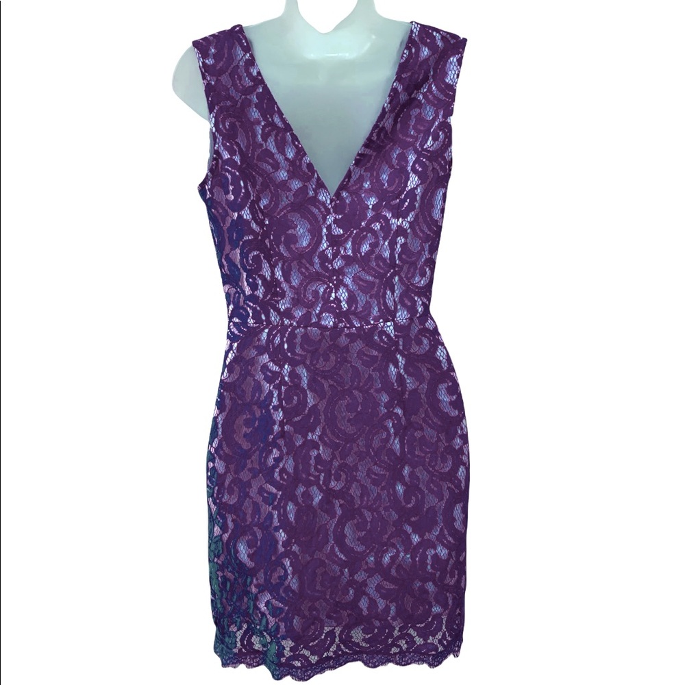 Venus Dress Purple Lace With Nude Lining Deep V-Neck Bustier Bodycom Size 2